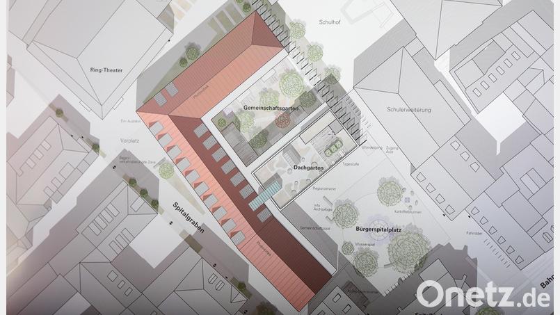 An der aktuellen Planung für die Bebauung des Bürgerspital-Areals in der Amberger Altstadt hat sich nicht viel geändert. Geplant wurde zuletzt vor allem rund um die Tiefgarage unter dem Baukörper. Grafik: EVH-Architekten für Werkvolk Amberg