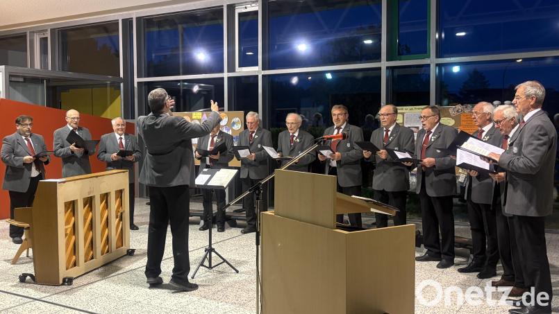 Die Sänger des Gastgebers MGV Neusorg beim Frühjahrskonzert in der Aula der Fichtelnaabtalschule. Bild: exa