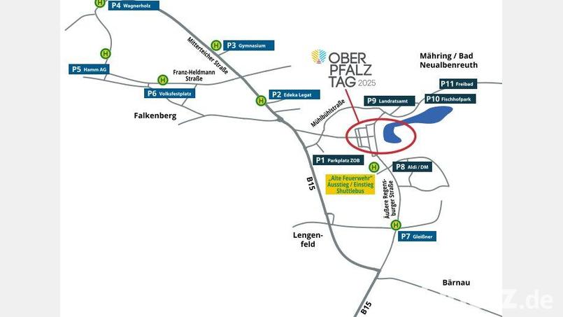 Diese Parkplätze stehen während des Oberpfalztages als kostenlose Parkflächen bereit. Grafik: Thomas Harmsen/Oberpfalz Marketing