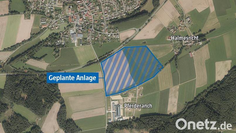 Zwischen Neunkirchen und Halmesricht liegen die Ackerflächen für die Hotelanlage. Südlich davon steht die "2BE-Ranch". Einst sollte hier die "Denkwelt Halmesricht", ein KI-Leuchtturmprojekt, gebaut werden. Grafik: Marina Gube; Bild: Bayerische Vermessungsverwaltung