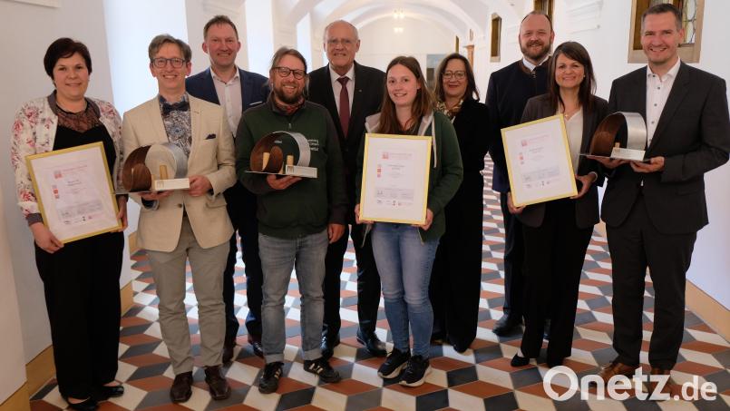 Mit dem Johanna-Frank-Preis 2025 ehrte das Bündnis für Familien den pädagogischen Regional-Player LearningCampus aus Trabitz, die Raiffeisenbank Floß und die ärztliche Gemeinschaftspraxis Wiesendeck in Vohenstrauß-Eslarn. Es gratulierten Regierungsvizepräsidentin Christiane Zürn und die Jury-Mitglieder und Laudatoren Landrat Andreas Meier, Blürgermeister Lothar Höher und Geschäftsführer Bernhard Lang von der Agentur für Arbeit. Bild: do