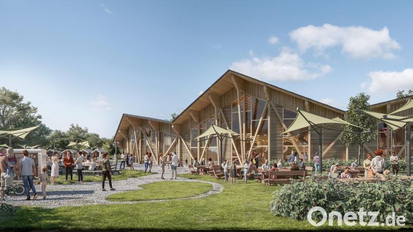 Die Simulation zeigt den Entwurf für die Markt- und Indoorhalle nahe der Holzkugel am Steinberger See. Bild[M]: inMotion PARK GmbH/exb