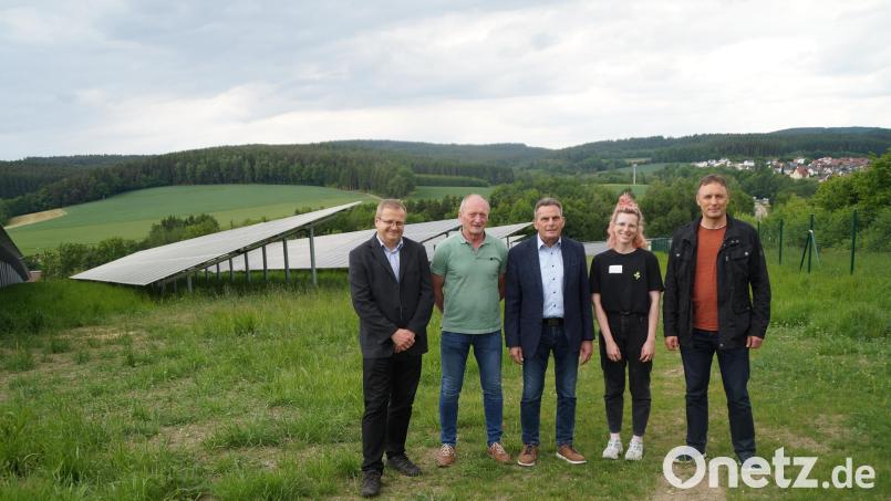 Der Solarpark ist eröffnet: Gottfried Blank, Friedrich Bauer, Bürgermeister Norbert Eckl, Tara Gerhardt und Josef Rötzer (von links) freuen sich über die neue Möglichkeit, weit mehr als 1000 Haushalte mit nachhaltiger Energie versorgen zu können. Bild: wel