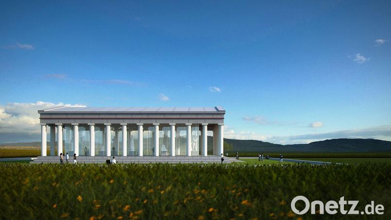 So soll die Glyptothek Etsdorf aussehen. Ein moderner Tempelbau auf freier Flur, eingebettet in die Oberpfälzer Landschaft. Grafik: Wilhelm Koch