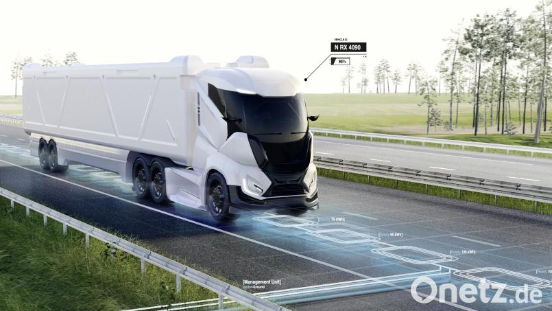 So muss man sich das induktive Fahren auf der Autobahn A6 vorstellen: Der Lkw ruft über die in den Boden eingelassenen Spulen die Energie ab, die er zum Fahren braucht. Bild: FAU