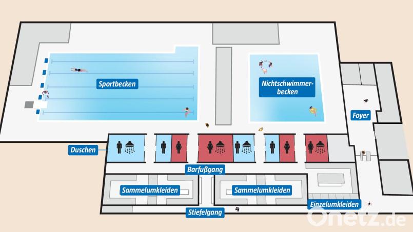 Zwei Becken, je zwei Dusch- und Toilettenräume für Damen und Herren sowie zweimal zwei Sammel- und einige Einzelumkleiden sieht der Plan für die künftige Schwimmhalle Neustadt vor. Grafik: Marina Gube; Quelle: Studio GA gollwitzer architekten, exb