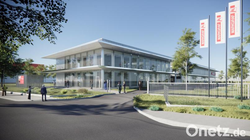 Die Darstellung zeigt das neue Trainings- und Ausbildungszentrum der Firma Markgraf, das bis Herbst 2026 am neuen Standort im Kemnather Gewerbegebiet West III entsteht. Grafik: Markgraf/Dömges Architekten AG
