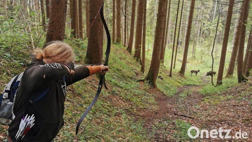 Den Fuß an der blauen Markierung (mittlere Entfernung), zielt Stephan Zandt auf die Tierattrappen. Die gestellten Situationen sollen für die Schützen so natürlich wie möglich sein. Bild: Stephan Zandt