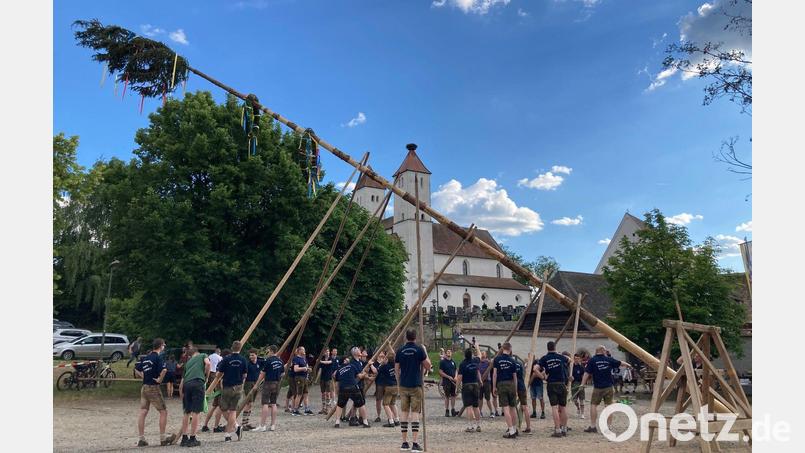 In Perschen wird der Kirwabaum mit Muskelkraft aufgestellt. Bild: Felix Schäffer/Freilandmuseum Oberpfalz/exb
