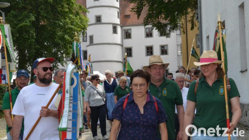 Gemeinsam mit ihren Wimpeln erwanderten die OWV-Mitstreiter die Stadt. Stadtführerin Angela Bodensteiner führte die Gruppe zu wichtigen Sehenswürdigkeiten. Bild: dob