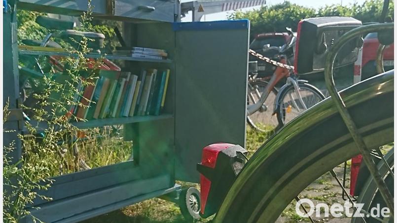 Einen öffentlichen Bücherschrank in Form eines Fahrradanhängers gibt es jetzt bei den Fahrradstellplätzen am Weidener Bahnhof. Bild: Anya Rüger