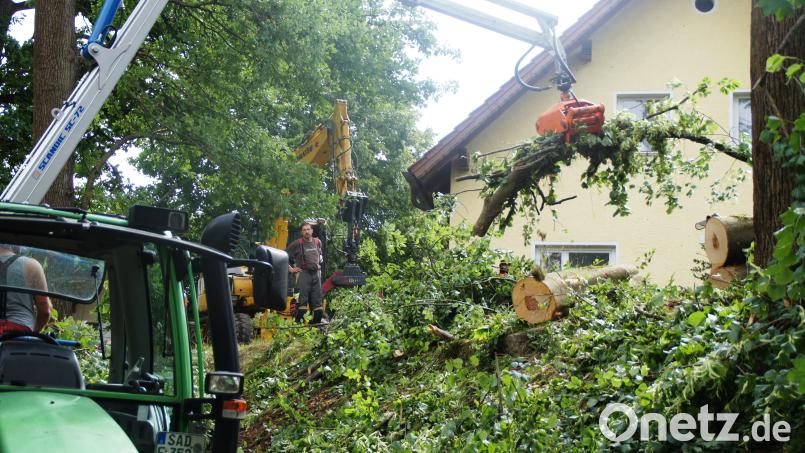 Mit einem Kran werden nach dem Sturm in Bruck Stämme, Geäst und Blätterwerk beseitigt. Bild: sir