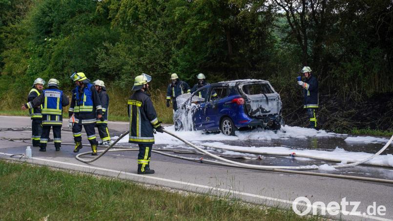 Auto und Böschung gelöscht: Die Feuerwehren Hahnbach und Adlholz waren am Sonntag aus der Staatsstraße zwischen Hahnbach und Vilseck im Einsatz. Bild: jma