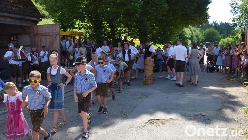 Große und kleine Kirchweihpaare aus dem Dorf tanzten heuer den Kirwabaum unter schattenspendenden Lindenbäumen aus. Für die Kirwamusik sorgten die &quot;Roum-Boum&quot;. Bild: bö