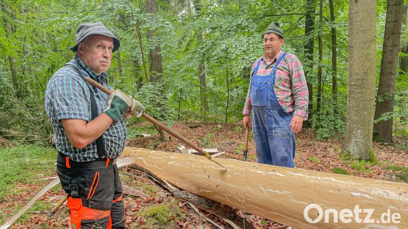 Ludwig Arnold und Michael Reindl neben dem entrindeten Stamm. Bild: Hans Walter
