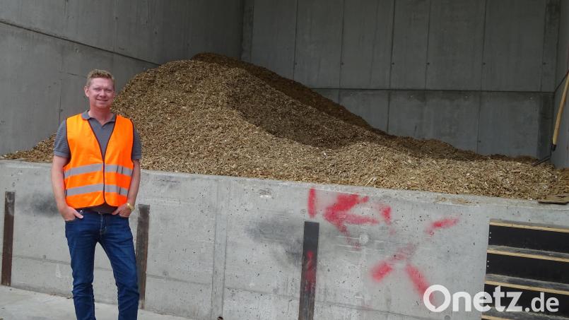 Der Bunker und sein Erbauer: Unternehmer Bernhard Godelmann ist stolz auf Berge von Hackschnitzeln, die aus dem Holz defekter Europaletten gewonnen und dann zur Wärmegewinnung in allen Firmengebäuden verbrannt werden. Bild: Houschka