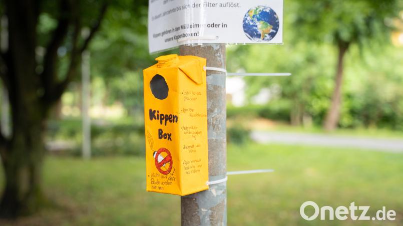 Schülerinnen der Sophie-Scholl-Realschule bastelten Kippenboxen für den Max-Reger-Park in Weiden. Bild: Marina Gube