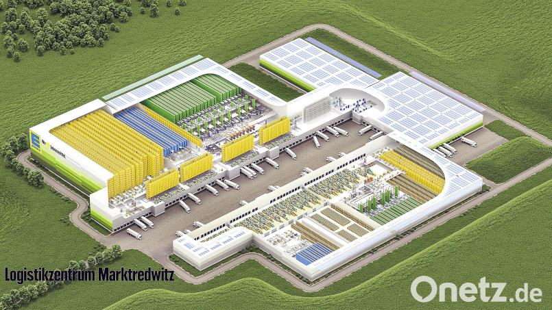 50 000 Palettenplätze bietet das neue Edeka-Logistikzentrum. Auf den Dächern sind Photovoltaikanlagen vorgesehen. Grafik: Edeka