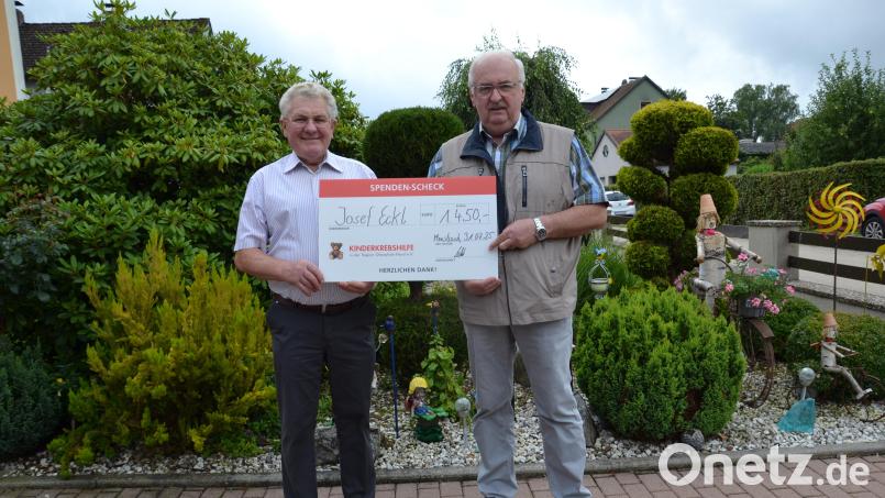 Josef Eckl (links) hat zum Anlass seines 80. Geburtstages an Herbert Putzer, den Vorsitzenden der Kinderkrebshilfe Region Oberpfalz-Nord e.V., 1.450 Euro überreicht. Bild: gi