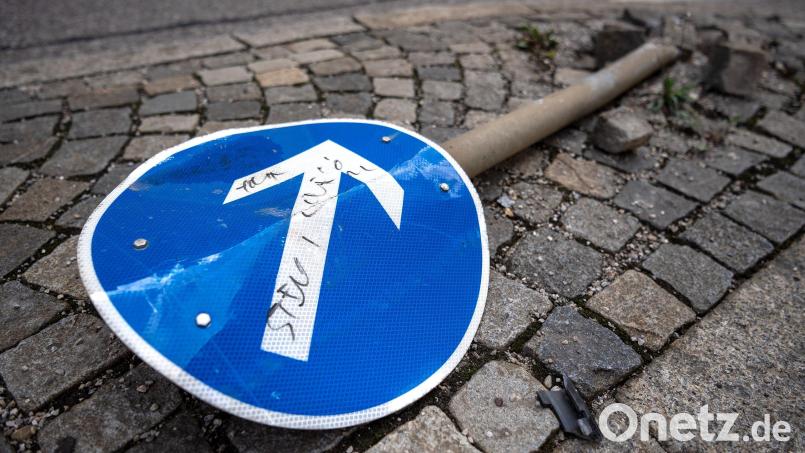 Vor einer Verkehrsinsel in Maxhütte-Haidhof wird ein Verkehrsschild beschädigt. Symbolbild: Sina Schuldt