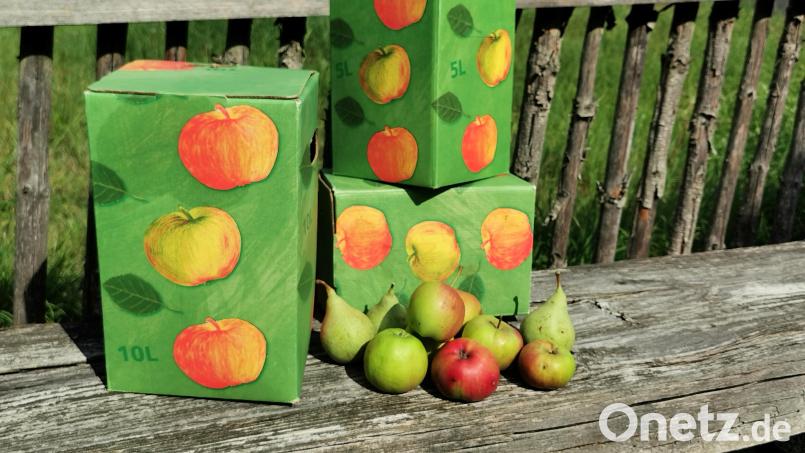Frischer Saft von Äpfeln und Birnen aus dem eigenen Garten: Acht Gartenbauvereine im Landkreis Schwandorf nehmen heuer ihre Obstpresse in Betrieb und füllen in die praktischen Bag-in-Boxen ab. Bild: Portner