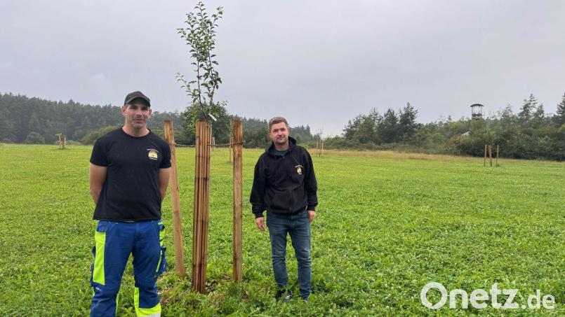 Matthias Wiendl (links) und Tobias Birner, die Vorsitzenden des Heimatvereins Theuern, freuen sich über die neue Streuobstwiese in Theuern - und machen schon mal Werbung dafür, dass sich hier jeder gern bedienen darf, wenn die Bäume Früchte tragen. Bild: Heike Unger