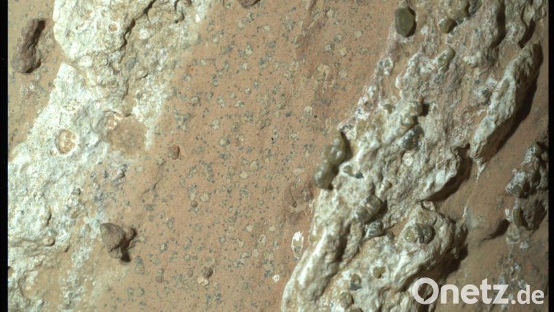 Eine vom Nasa-Rover „Perseverance“ im vergangenen Jahr auf dem Mars entnommene Gesteinsprobe könnte nach Angaben der US-Raumfahrtbehörde möglicherweise Spuren von früherem mikrobiellen Leben enthalten. Bild: ---/NASA/JPL-Caltech/MSSS/dpa