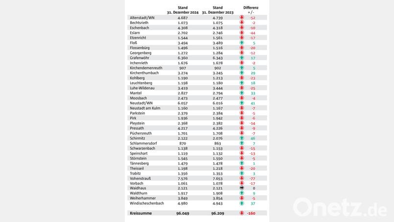 Nach vier Jahren mit Zuwächsen sind die Einwohnerzahlen im Landkreis Neustadt/WN erstmals leicht zurückgegangen. Zum Stichtag 31. Dezember 2024 lagen sie bei 96.049. Grafik: Oberpfalz-Medien – Quelle: Landratsamt Neustadt/WN