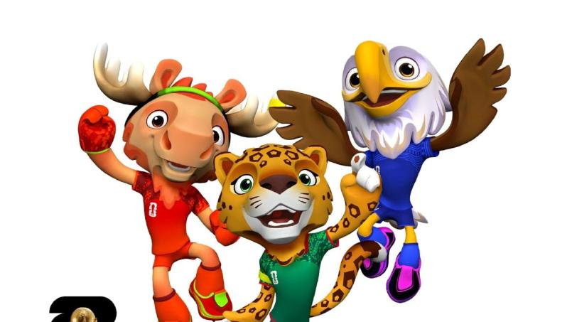 Maple der Elch (l), Zayu der Jaguar (M) und Clutch der Weißkopfseeadler (l) sind die Maskottchen der Fußball-WM 2026. Bild: FIFA/dpa