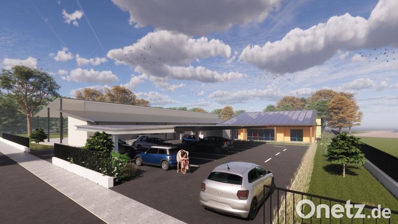 Der Erweiterungsbau für den Kindergarten St. Martin verzögert sich erneut auf unbestimmte Zeit. Der Grund liegt in der Finanzierbarkeit. Die Animation zeigt den Querbau, der an das Bestandsgebäude angegliedert ist. Bild: Architekturbüro Naumann