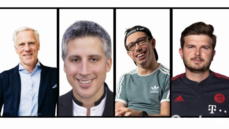 Diese Experten treten beim Gesundheitssymposium im Weiherhammer auf (von links): Professor Ingo Froböse, Oliver Kharraz, Johannes Grasser und Simon Unger. Bild: Sebastian Bahr/Simon Spaedtkegemach/Zocdoc/FC Bayern-München
