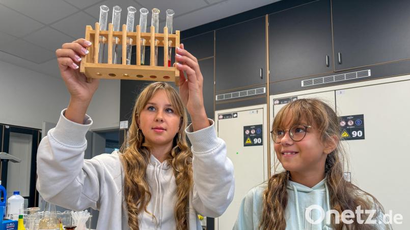 Sophia (links) und Luisa (rechts) Hiltl vom Herzog-Christian-August-Gymnasium nahmen am Landeswettbewerb &quot;Experimente antworten&quot; teil und wurden mit dem &quot;Superpreis&quot; ausgezeichnet. Bild: Wolfgang Steinbacher
