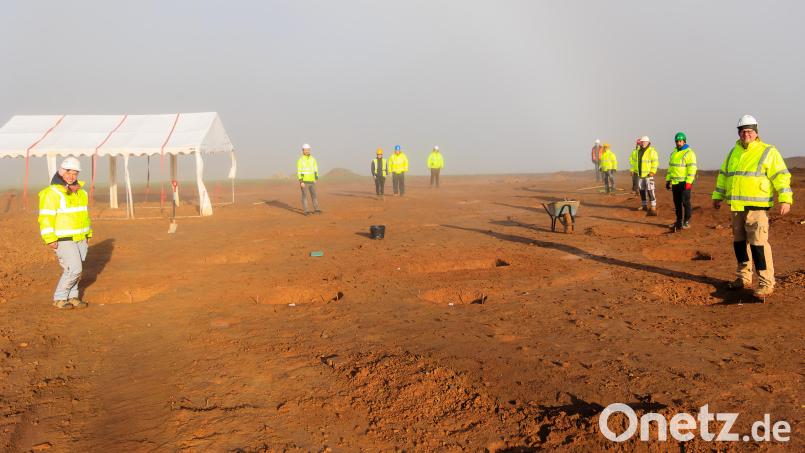 Ingrid Tamerl-Seiler und Michael Seiler (vorne links und rechts) stehen mit ihren Kollegen an den Pfostenlöchern, in denen vor 3000 Jahren die Pfähle für ein Langhauses standen. Die Archäologen arbeiten auf der Tennet-Baustelle am Spielberg beim Schwandorfer Stadtteil Naabeck. Bild: Hösamer