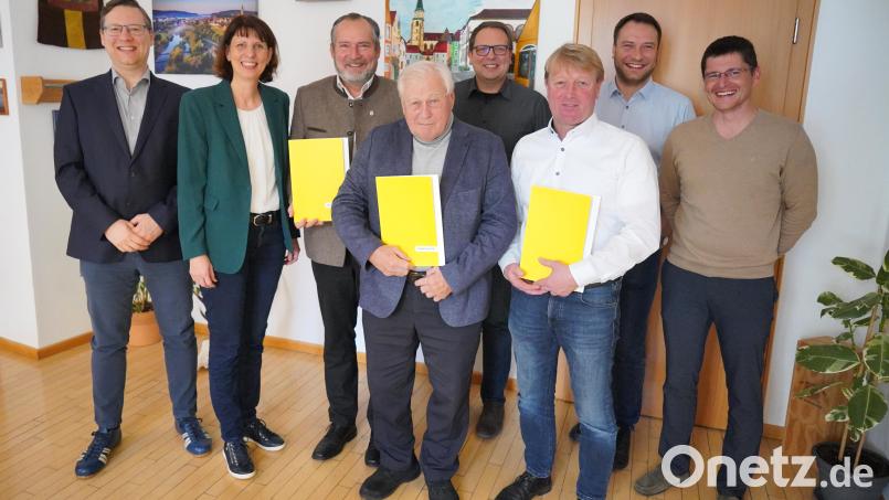 Von links: Die Kommunale Wärmeplanung startet mit Wolfgang Dumm und Christina Albrecht von der Bayernwerk Netz, Bürgermeister Frank Zeitler, Bürgermeister Johann Wilhelm, Robert Eger (Bauamt), Bürgermeister Markus Schiesl, Thomas Prey (Geschäftsstellenleiter) und Thomas Bodensteiner (Kämmerer). Bild:  Sibylle Reger