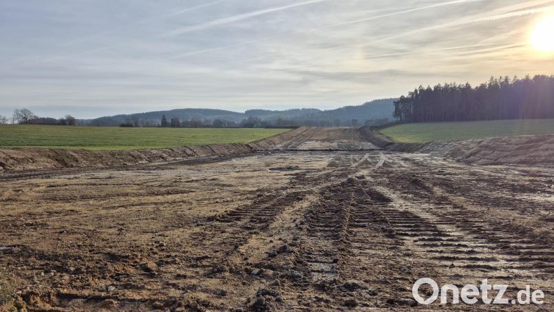 Die Vorarbeiten für den Süd-Ost-Link ziehen sich als breite Schneise durch die Landschaft. Hier bei Diepoltsreuth läuft die Stromtrasse westlich an der Ortschaft vorbei. Bild: Lowak