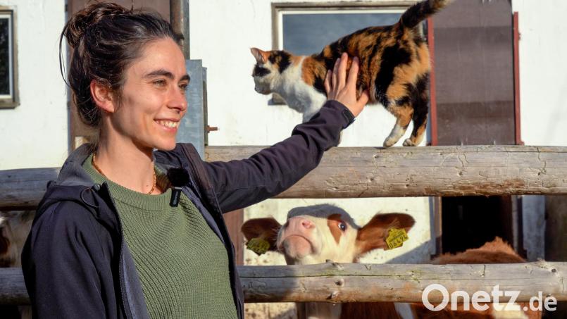 Stefanie Weig liebt ihre Tiere. Auf der Finstermühle bei Pleystein leben 100 Milchkühe und Kälber, Gänse, Hühner und Katzen. In der Sendereihe "Landfrauenküche" tritt die 28-Jährige beim Kochen gegen sechs Landfrauen aus den Regierungsbezirken an. Bild: Franka Eichl