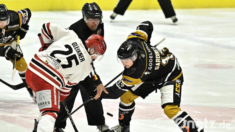 Nolan Gardiner (rechts, Szene aus einem früheren Spiel) und der ERSC Amberg musste auch in Schweinfurt eine herbe Niederlage hinnehmen. Die Partie gegen die Mighty Dogs endete mit 9:4 für die Gastgeber. Archivbild: Hubert Ziegler