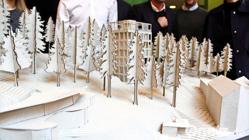 Anstelle des alten Kassenhäuschens auf der Luisenburg soll ein neues Besucherzentrum in Turmform entstehen. Das Bild zeigt den Entwurf zwischen dem Luisenburg-Resort (rechts) und dem Eingang zum Theater (links). Bild: Christian Schilling