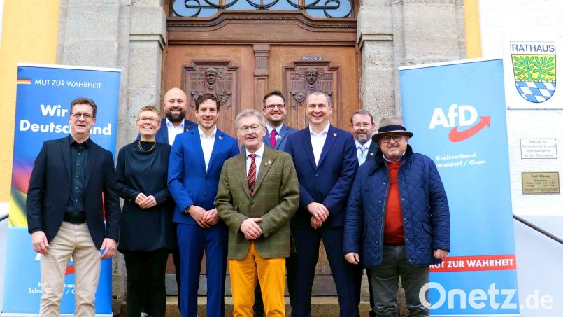 Auf dem Foto (von links): MdL Dieter Arnold, Carolin Lukas, Robert Goß, Johann Schuierer, Kreisrat Klaus Schuhmacher, Steve Wolf, Danny Lukas, Alexander Beck und MdB Reinhard Mixl. Bild: AfD Schwandorf/Cham