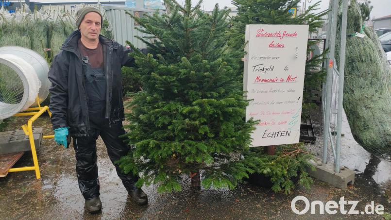 Bernhard Holfelder verkauft seine Nordmanntannen auf dem Edeka-Parkplatz in Weiden. Das Trinkgeld, das er bekommt, investiert er in seine eigenen Bäume, um sie an Menschen in Not zu verschenken. Bild: ald