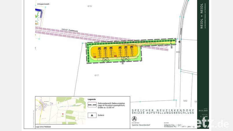 Der Bauherr "Voltgrün Energie" plant bei Neuzirkendorf die Errichtung eines Großbatteriespeichers. Eine erste Planungsskizze liegt der Marktgemeinde bereits vor. Mit einem Aufstellungsbeschluss für einen vorhabenbezogenen Bebauungsplan brachte der Marktgemeinderat die Bauleitplanung auf den Weg. Grafik: Landschaftsarchitekturbüro Neidl + Neidl