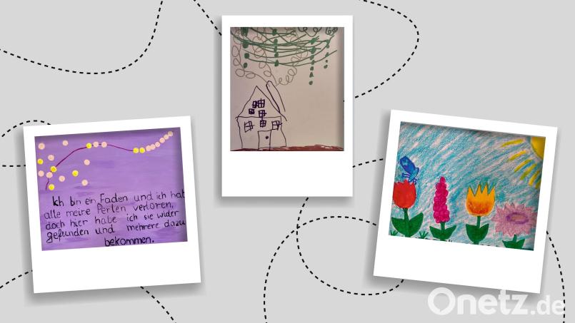 Wie Kinder häusliche Gewalt erleben – und wie sie die Flucht ins Frauenhaus erlebt haben. Drei Bilder, die im Weidener Schutzhaus entstanden sind. Grafik: Frauenhaus Weiden/Franka Eichl