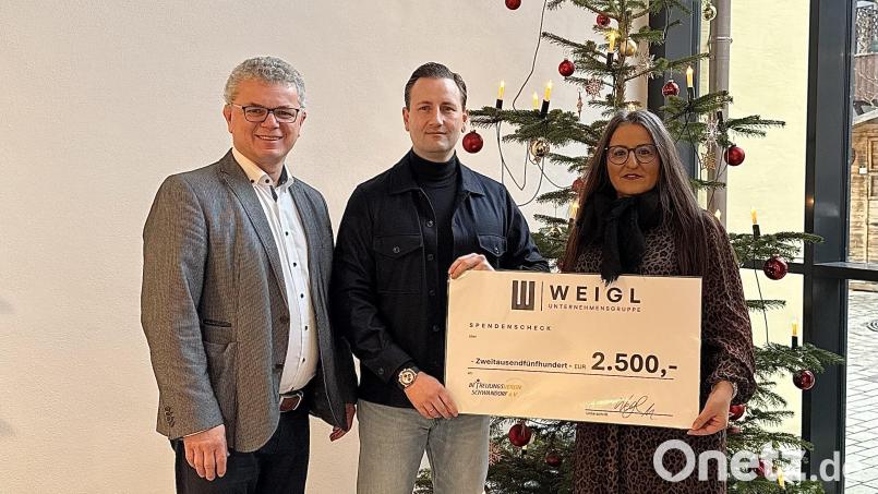Bürgermeister Martin Birner, (links), Maximilian Weigl (Mitte) und Carola Riederer bei der Spendenübergabe im Rathaus von Neunburg vorm Wald. Bild: Weigl Unternehmensgruppe