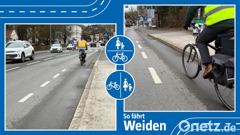 Warum enden in Weiden manche Radwege abrupt, so wie hier der Fahrrad-Schutzstreifen auf der Friedrich-Ebert-Straße stadteinwärts? Diese Frage hat mehrere Leser von Oberpfalz-Medien, die viel mit dem Fahrrad unterwegs sind, beschäftigt. Bildmontage: Marina Gube / Gabi Schönberger