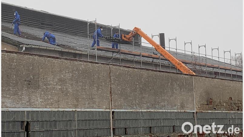 Mit Mundschutz ausgestattet begannen Arbeiter bei der ehemaligen Bleikristallfabrik Beyer &amp; Co in Altenstadt/WN mit dem Rückbau des Daches der Ofenhalle. Bild: adj
