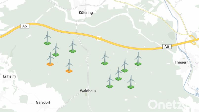 So sieht der Lageplan des Windparks aus. Die grün markierten Windräder stehen auf dem Gemeindegebiet von Kümmersbruck, die beiden orange markierten auf Ursensollener Seite. Bild: Franke Eichl/Oberpfalz-Medien