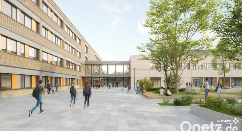 Die Sophie-Scholl-Realschule (links) ist vierstöckig und über einen Glastrakt mit dem Hauptgebäude samt Aula und Mensa verbunden. So präsentiert der Planer den Neubau. Grafik: Vinci Facilities Solutions GmbH