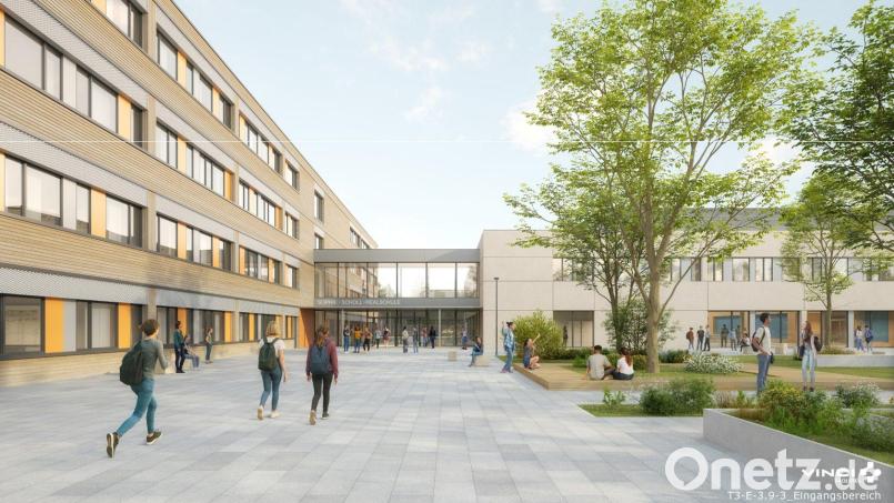 Die Sophie-Scholl-Realschule (links) ist vierstöckig und über einen Glastrakt mit dem Hauptgebäude samt Aula und Mensa verbunden. So präsentiert der Planer den Neubau. Grafik: Vinci Facilities Solutions GmbH