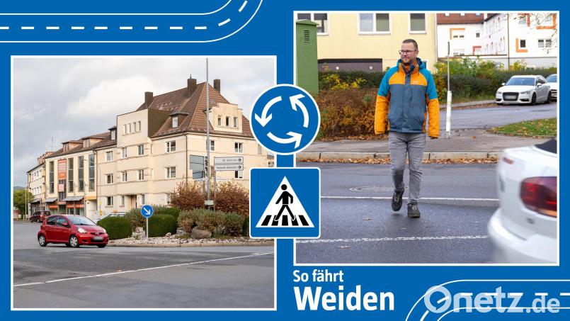 Zu einem Kreisverkehr wird die große Verkehrsinsel am Kepler-Gymnasium nicht umgebaut werden. Für Fußgänger, die die Leuchtenberger Straße überqueren wollen, soll es aber mehr Sicherheit geben. Bildmontage: Marina Gube
