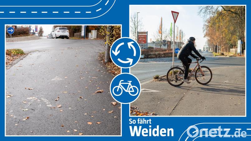 Am Kreisverkehr beim Obi an der Regensburger Straße können Radfahrer auf den Gehweg wechseln, allerdings ist die Markierung, die dies anzeigt, unzureichend. Bildmontage: Marina Gube